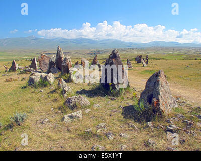 Sisian, Armenia. 27th June, 2014. Megaliths are seen at the prehistoric archaeological site Zorats Karer near Sisian, Armenia, 27 June 2014. The site served as a necropolis from the Middle Bronze Age to the Iron Age. Photo: Jens Kalaene -NO WIRE SERVICE-/dpa/Alamy Live News