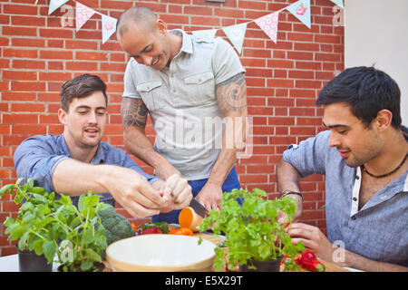 Three male friends chopping and preparing food for garden barbecue Stock Photo