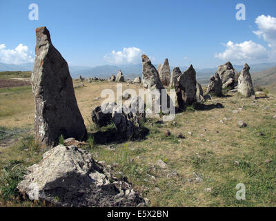 Sisian, Armenia. 27th June, 2014. Megaliths are seen at the prehistoric archaeological site Zorats Karer near Sisian, Armenia, 27 June 2014. The site served as a necropolis from the Middle Bronze Age to the Iron Age. Photo: Jens Kalaene -NO WIRE SERVICE-/dpa/Alamy Live News