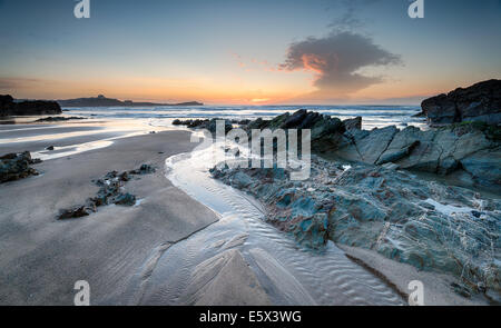 Sunset at Lusty Glaze beach in Newquay, Cornwall Stock Photo