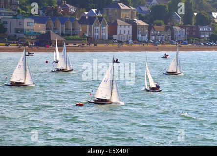 Isle of Wight, UK. 6th Aug, 2014. Aberdeen Asset Management Cowes Week, One Hour Victory' race off the Green, up to the Royal Yacht Squadron, starting at 1730, for the Victory class in recognition of its 80th anniversary this year. The race, in which each boat was crewed by a Cowes Week supporter, was won by Chatham Marine, ahead of Volvo and Solent Events. Credit:  Gary Blake/Alamy Live News Stock Photo