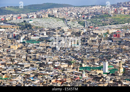 Fez City Skyline looking East and West,Souk,Surrounding Hills,City Walls,Jewish Cemetery,Mosques,Minarets,Former capital,Morocco Stock Photo