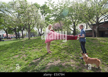 Young couple shaking picnic blanket in park