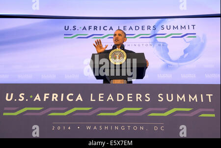 Washington DC, US. 6th Aug, 2014. United States President Barack Obama speaks during a press conference after the Africa Leaders Summit at the State Department in Washington, DC, August 6, 2014. Obama promoted business relationships between the United States and African countries during the three-day U.S.-Africa Leaders Summit, where 49 heads of state are meeting in Washington. Credit:  dpa picture alliance/Alamy Live News Stock Photo