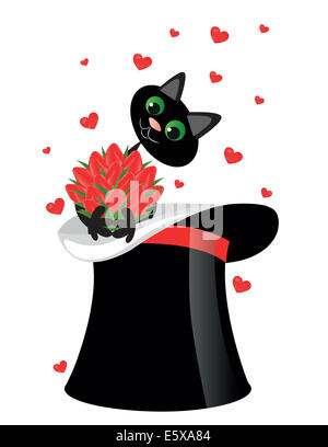 Friendly cartoon cat on hat  holding a flowers Stock Photo