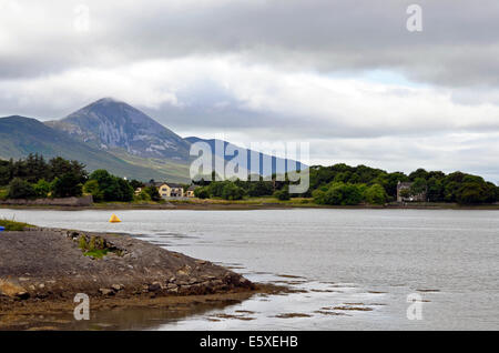 Croagh Patrick mountain seen from the entrance to the harbour at Westport Quay, County Mayo, Ireland Stock Photo