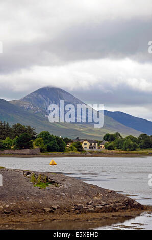 Croagh Patrick mountain seen from the entrance to the harbour at Westport Quay, County Mayo, Ireland Stock Photo