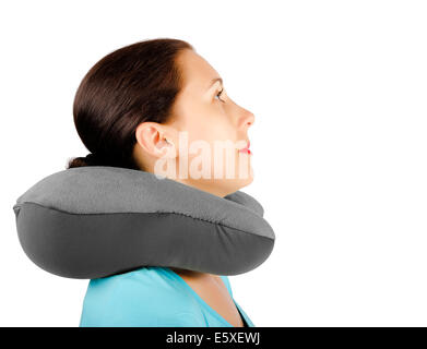 Girl with neck pillow isolated on white Stock Photo