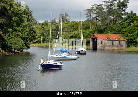 Small sailing yachts moored in a quite spot at the head of Westport Quay harbour with stone boathouse behind. Stock Photo