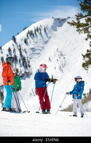 A family enjoys some time on the slopes at The Canyons Resort in Park City, Utah. Stock Photo