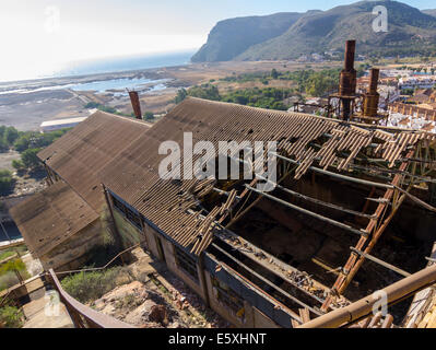 broken and destroyed roof of an old abandoned industry Stock Photo