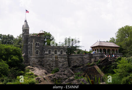 Panorama of Belvedere Castle as seen from the South end of the Great Lawn in New York City's Central Park Stock Photo