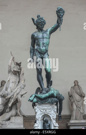 Statue, Perseus holding the head of Medusa, by sculptor Benvenuto Cellini, Loggia dei Lanzi, Florence, Tuscany, Italy Stock Photo