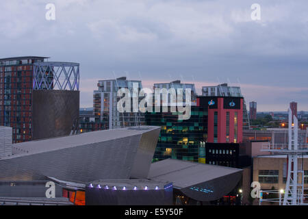 Panorama of Salford Quays and the Lowry Theatre in Manchester, UK at dusk, shot from the top of Quay West. Stock Photo