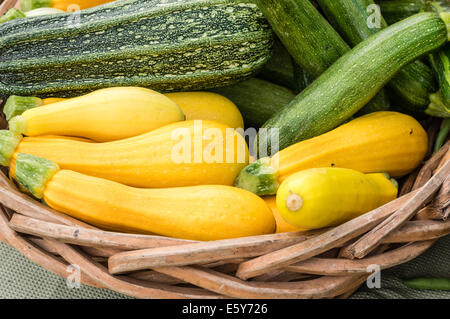 Yellow and green squash on display in baskets Stock Photo