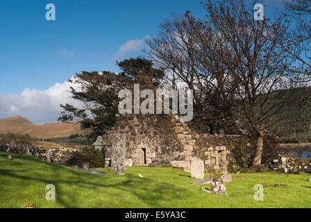 The ruined St. Maelrubha's Chapel, Eynort. Taken from within the churchyard and looking towards Loch Eynort, on the Isle of Skye Stock Photo
