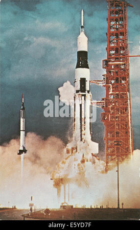 Launch of Mercury-Redstone 3 (Left), Cape Kennedy, Florida, USA, May 5, 1961, Comparison to Saturn I Launch Vehicle on Right Stock Photo