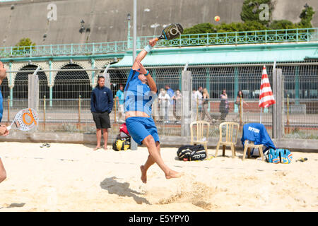 City of Brighton & Hove, East Sussex, UK. European Beach Tennis Championships at Yellow Wave, Madeira Drive, Brighton, Sussex, UK. This image features men's doubles competition with a team from Greece. 9th August 2014. David Smith/Alamy Live News Stock Photo