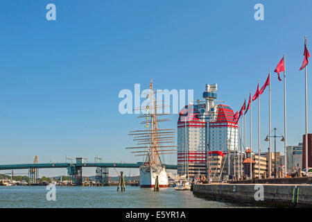 Gothenborg, Sweden: Lilla Bommen, or a.k.a. The Lipstick, an 83-meter tall skyscraper and the Tall Ship a.k.a. The Viking. Stock Photo