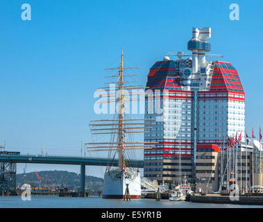 Gothenborg, Sweden: Lilla Bommen, or a.k.a. The Lipstick, an 83-meter tall skyscraper and the Tall Ship a.k.a. The Viking. Stock Photo