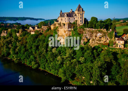 France, Aquitaine, Dordogne, Dordogne Valley, Perigord Black, Vitrac, Chateau de Montfort, Aerial view Stock Photo