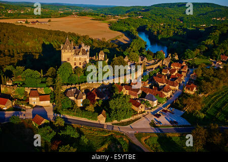 France, Aquitaine, Dordogne, Dordogne Valley, Perigord Black, Vitrac, Chateau de Montfort, Aerial view Stock Photo