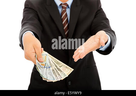 business man holding us dollar cash. isolated on white Stock Photo