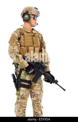 Soldier holding a Sniper on a white background Stock Photo