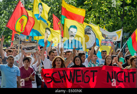 Frankfurt Main, Germany. 09th Aug, 2014. More than 1,500 Kurds and Yazidi take part in a protest rally in Frankfurt Main, Germany, 09 August 2014. They protested against the invasion of large parts of the Iraq by the jihadist group Islamic State (IS). Photo: BORIS ROESSLER/DPA/Alamy Live News Stock Photo