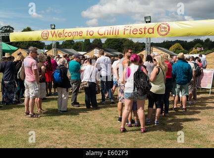 West Dean, Chichester, UK. 9th August, 2014. Crowds of people queue to enter the Chilli Fiesta at West Dean on Saturday, forecast as the best day of the weekend. Credit:  MeonStock/Alamy Live News Stock Photo