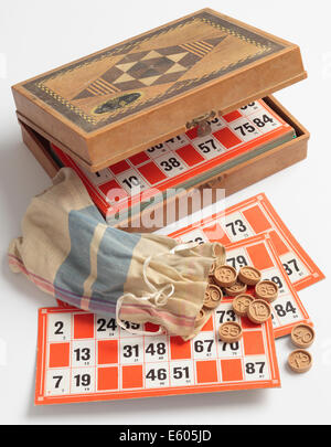 Lotto or Bingo Board Game. A vintage French example of this board game in a box. Stock Photo