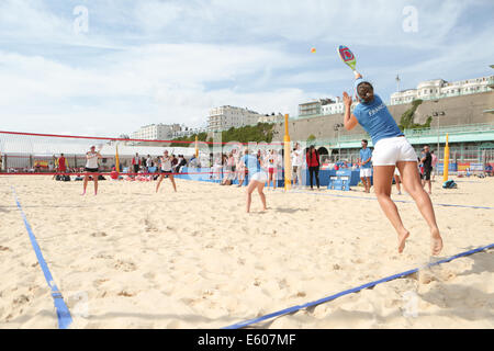 City of Brighton & Hove, East Sussex, UK. European Beach Tennis Championships 2014 Brighton, Yellow Wave, Madeira Drive, Brighton, Sussex, UK. In this image is a women's doubles quarter final between teams from France and Germany. 9th August 2014David Smith/Alamy Live News Stock Photo