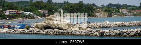 Zante, Greece - Agios Sostis resort with private island hosting bar and beach music club. View of resort from island. Stock Photo