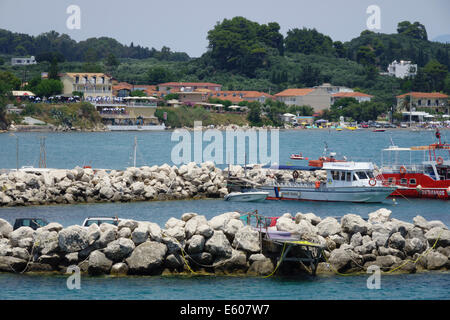 Zante, Greece - Agios Sostis resort with private island hosting bar and beach music club. View of resort from island. Stock Photo