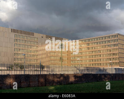 New headquarters of the BND (Bundesnachrichtendienst), the Federal Intelligence Service of Germany in Berlin, with dark cloud. Stock Photo