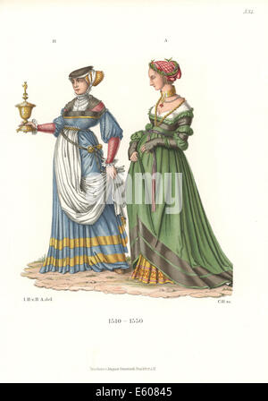 Swiss women's costumes from 1510-1550. Stock Photo