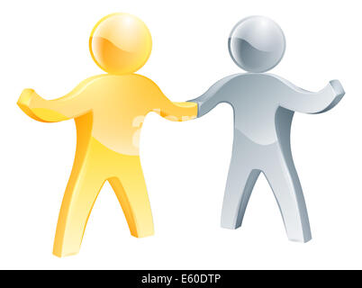 Agreement concept of two cute happy mascots shaking hands together Stock Photo