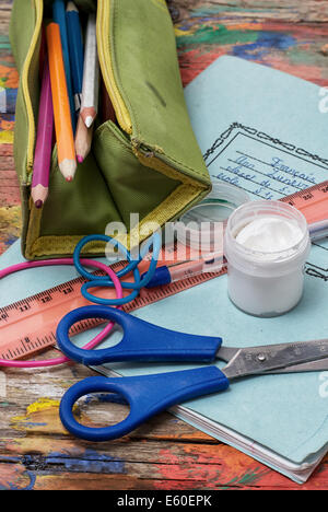 notebook,pencil,bow schoolgirl first year pupil Stock Photo