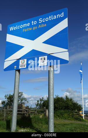 A 'Welcome to Scotland' sign on the A68, running between England and Scotland. Stock Photo