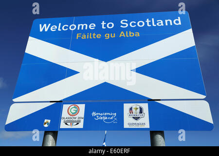 A 'Welcome to Scotland' sign at Whitelee Moor on the route of the A68, running between England and Scotland. Stock Photo