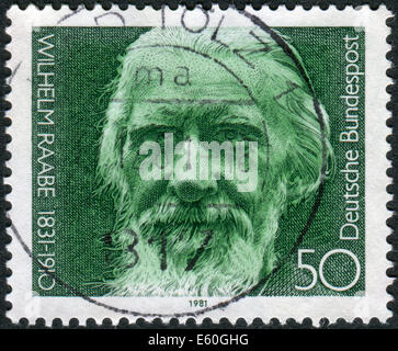 Postage stamp printed in Germany, shows the poet Wilhelm Raabe, circa 1981