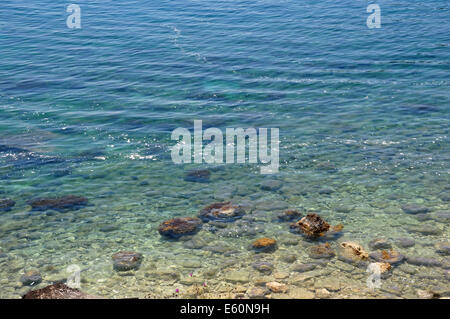 Dirt floating on sea surface. Polluted beach environmental issues. Stock Photo