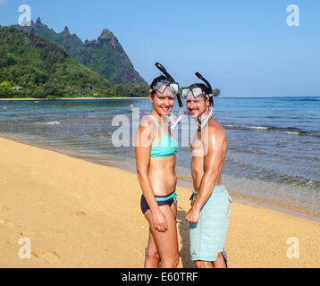 Snorkelers at Tunnels Beach on Kauai Stock Photo