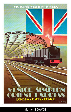 Vintage poster 1930’s for Venice Simplon steam train express from London Victoria station via Paris to Venice Stock Photo