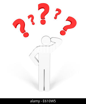 Silhouette of a man with four question marks, white background Stock Photo