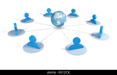 Silouette of men connected together to form a global network, with connections to the planet earth Stock Photo