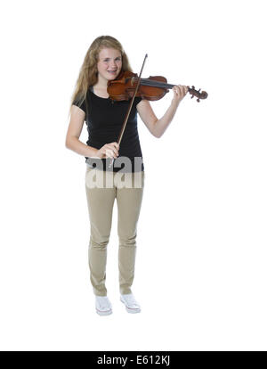 Full body front view of a pretty young teenage girl playing violin isolated on white Stock Photo