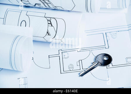 blueprint house plan with key - blue tone Stock Photo