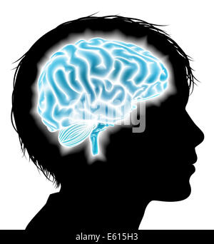 A childs head in silhouette with a glowing brain. Concept for child mental, psychological development, brain development, learni Stock Photo