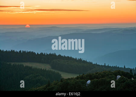 View from Eugen Keidel Tower on Mt Schauinsland onto the mountains of the Black Forest at sunrise, Freiburg im Breisgau Stock Photo